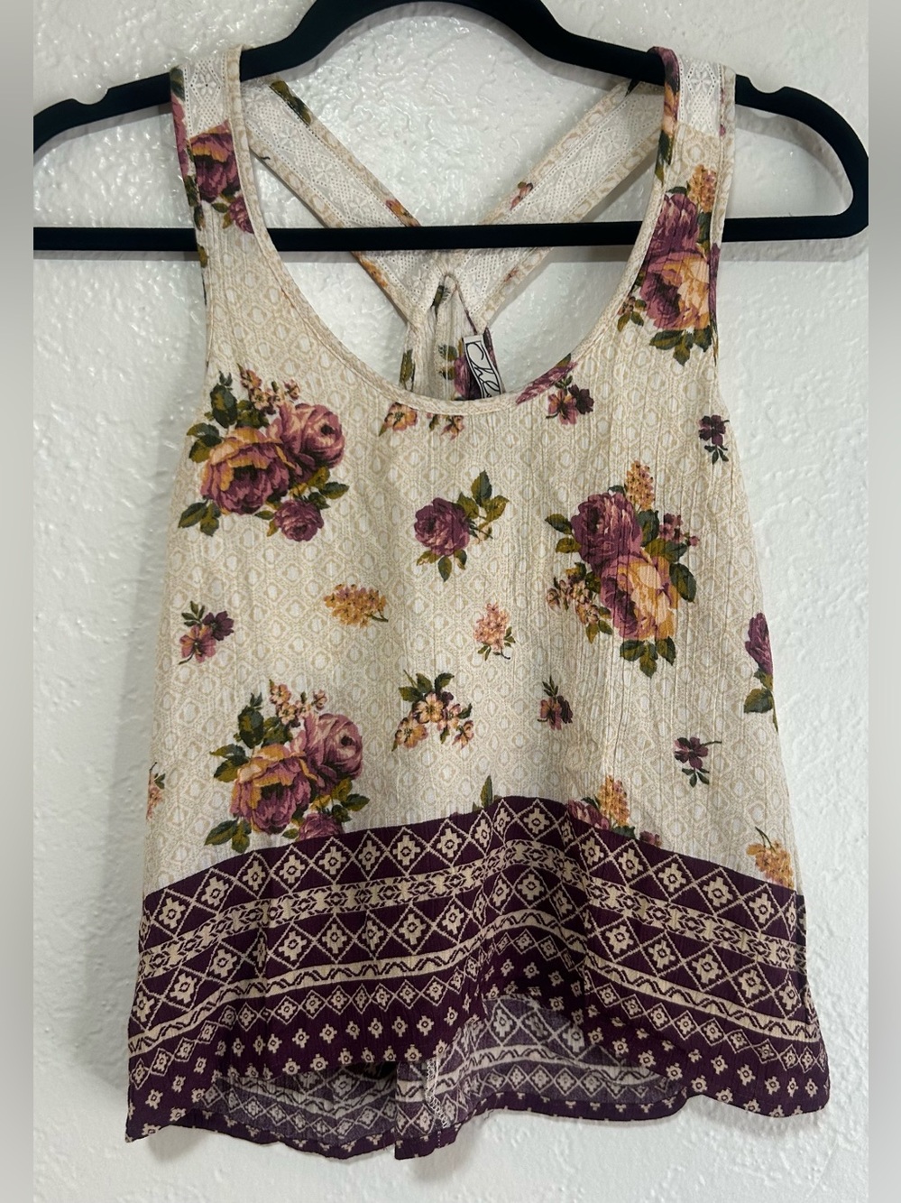 Chloe K Cream Tank Top with Plum Floral Print